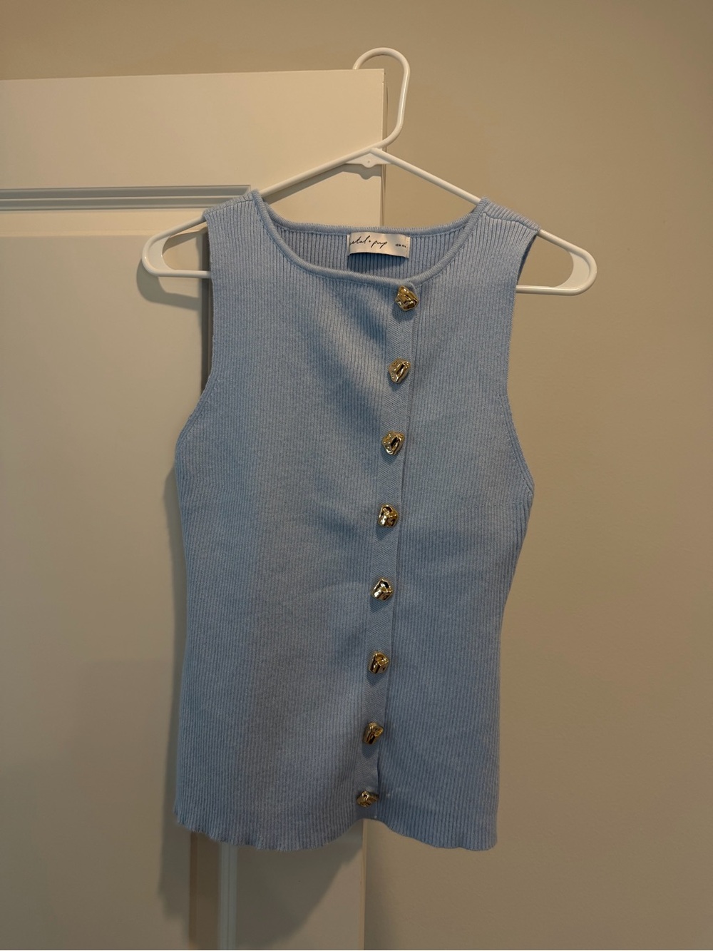 Petal & Pup Light Blue Ribbed Tank with Gold Heart Buttons